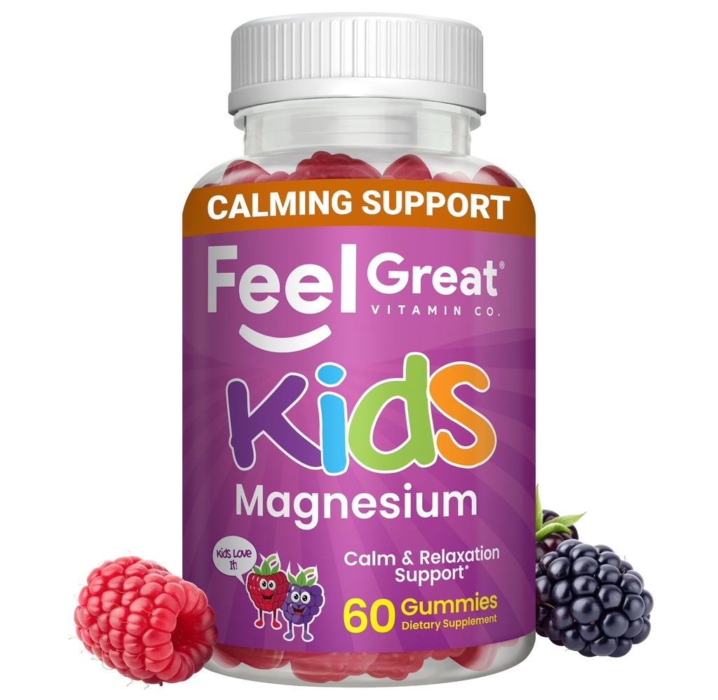 Feel Great Kids Calm Magnesium Gummies - Suplemento de magnésio para crianças - Magnesium Citrato Gummies - 60 Contagem