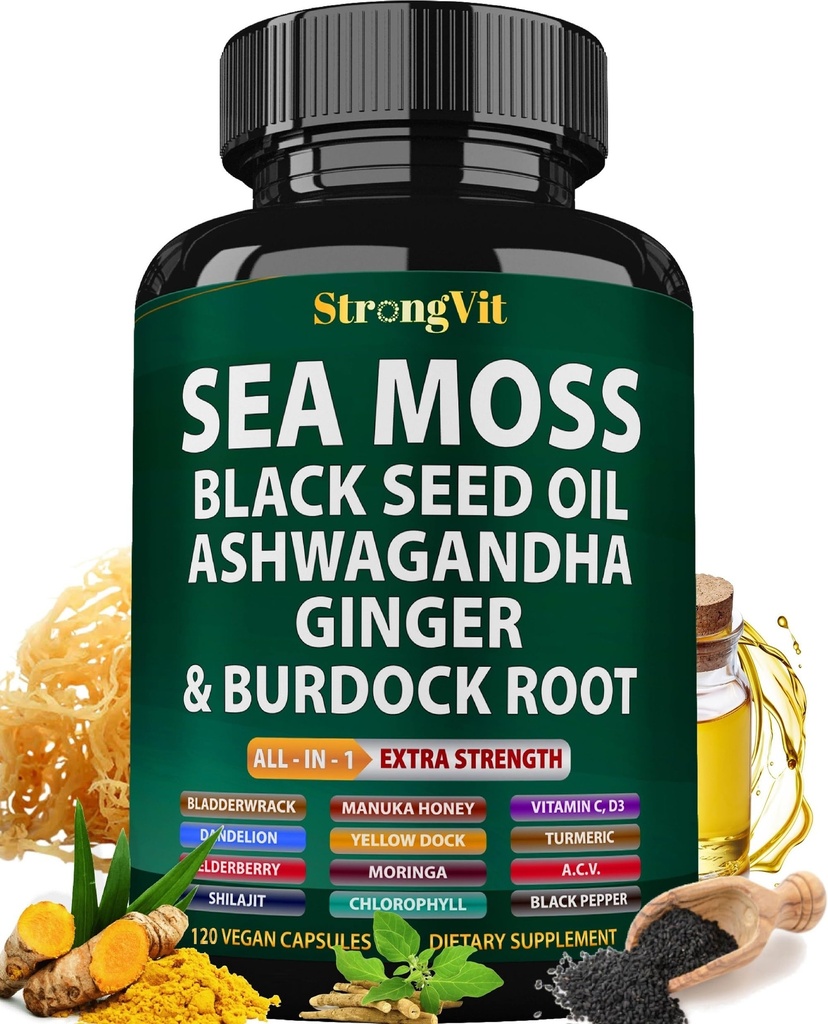 Sea Moss Black Seed Oil Ashwagandha Ginger, Organic Sea Moss Cápsulas com Burdock Root, Irish Seamoss Pills with Bladderwrack, Turmeric, Shilajit, Multimineral Supplement, USA (120 Cápsulas)