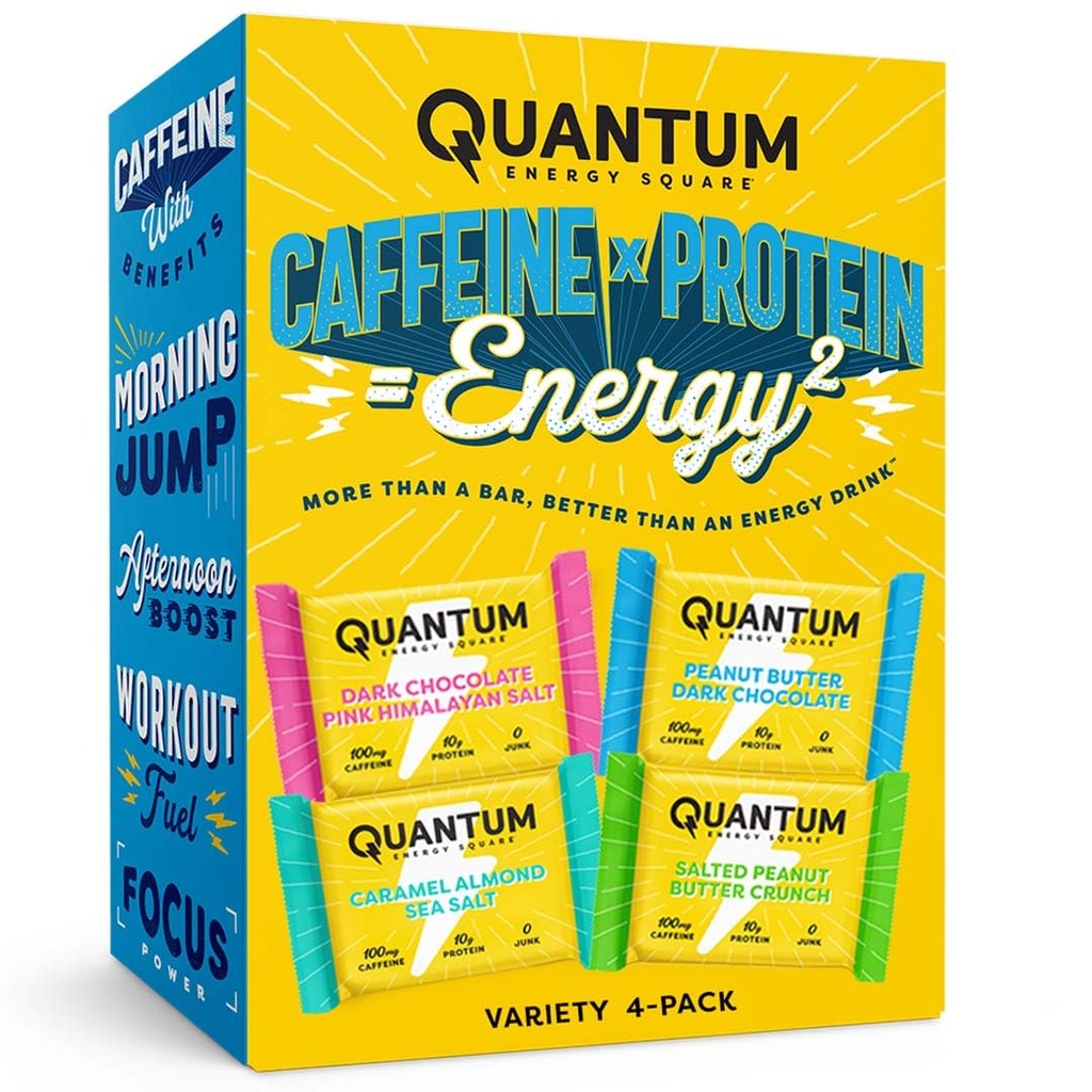 Quantum Energy Square - Bar de energia com Cafeína & 10g de proteína, Snack saudável em movimento - Vegan, Sem glúten, Soy & Dairy-Free - Variedade 4-Pack
