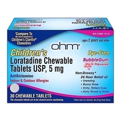 Ohm Loratadine infantil mastigável, sem tintura, Bubblegum, Não-drowsy 24h Alívio de espirros, Nariz runny, Olhos aguados, Garganta ou nariz com comichão, Anti-histamínico, Alergias internas e ao ar livre, 5mg, 30 Comprimidos