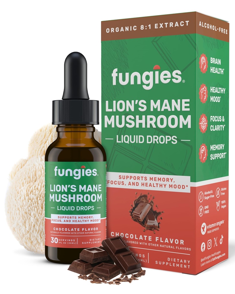 Fungies Lion's Mane Mushroom Liquid Drops, Chocolate - Tintura com Lions Mane Extract Suporta Nevoeiro Cerebral, Foco, Memória e Mood Saudável - Suplemento Complexo de Cogumelos para Adultos - 30 Servings