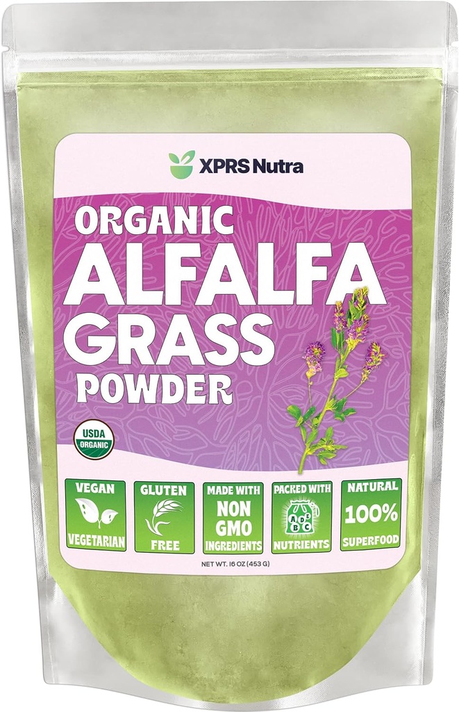 XPRS Nutra Organic Alfalfa Pó - Premium Vegan Suplemento Rico em Cálcio, Antioxidantes, Vitaminas - Suplemento Farmer para Crianças e Adultos - Vegan Friendly Alfalfa Folha (16 Ounce)