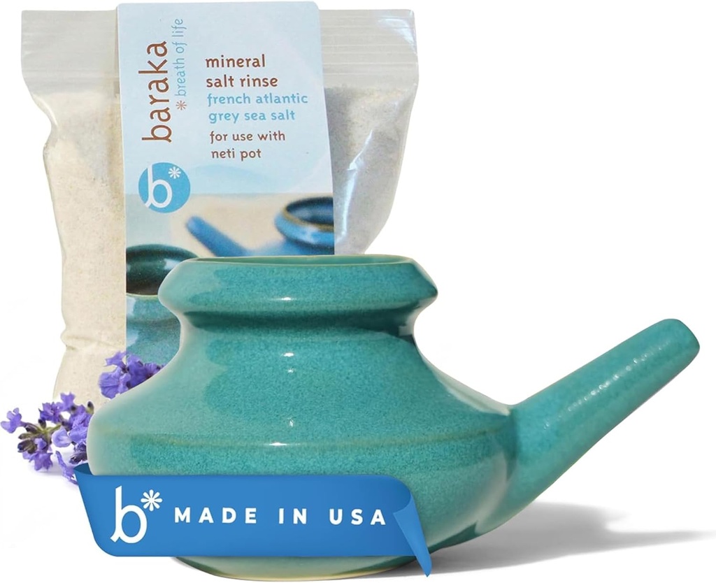 Baraka Neti Pot Tool Kit - Solução de ronco e salino, lava-louças cerâmicas artesanais seguro com 2 onças de sal mineral do mar para limpeza do nariz e lavagem do nariz perfeito para alívio de alergia em adultos e crianças (Jade)