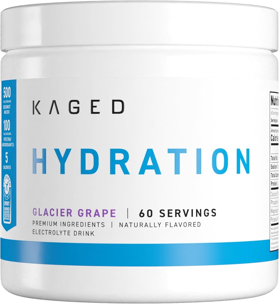 Kaged Hydration Electrolytes Powder Gelcier Grape - Hydra-Charge Sports Drink Mix - Pré, Post, Intra Workout - Baixo Carbo, Vegan, Gluten Free - Suplementos para homens e mulheres