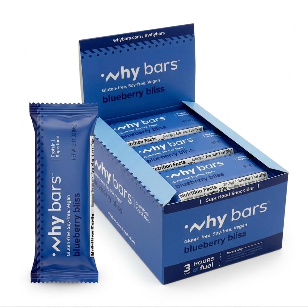 Por barras, barras de proteína, bliss de mirtilo, 2.04 barras de onça (Pack of 12 barras de proteína) - Superalimento de barra de proteína, sem glúten, não OGM, Orgânico, Vegan, Ingredientes simples