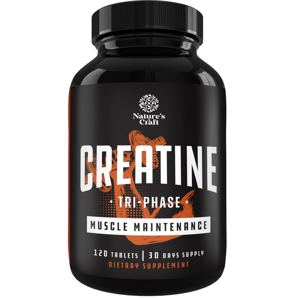 Naturezas Craft alta força tri fase creatina comprimidos para mulheres e homens - mistura de fórmula de Creatina mono-hidratado, 300mg HCL & Piruvato Suplemento - Mass muscular ganho & recuperação Suplemento - 120 comprimidos