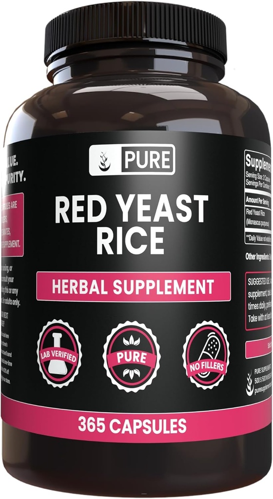 Puro Ingredientes Originais Vermelho Levedura Arroz Sem Magnésio ou Preenchimentos de Arroz, Sempre Puro, Lab Verificado (365 Cápsulas)