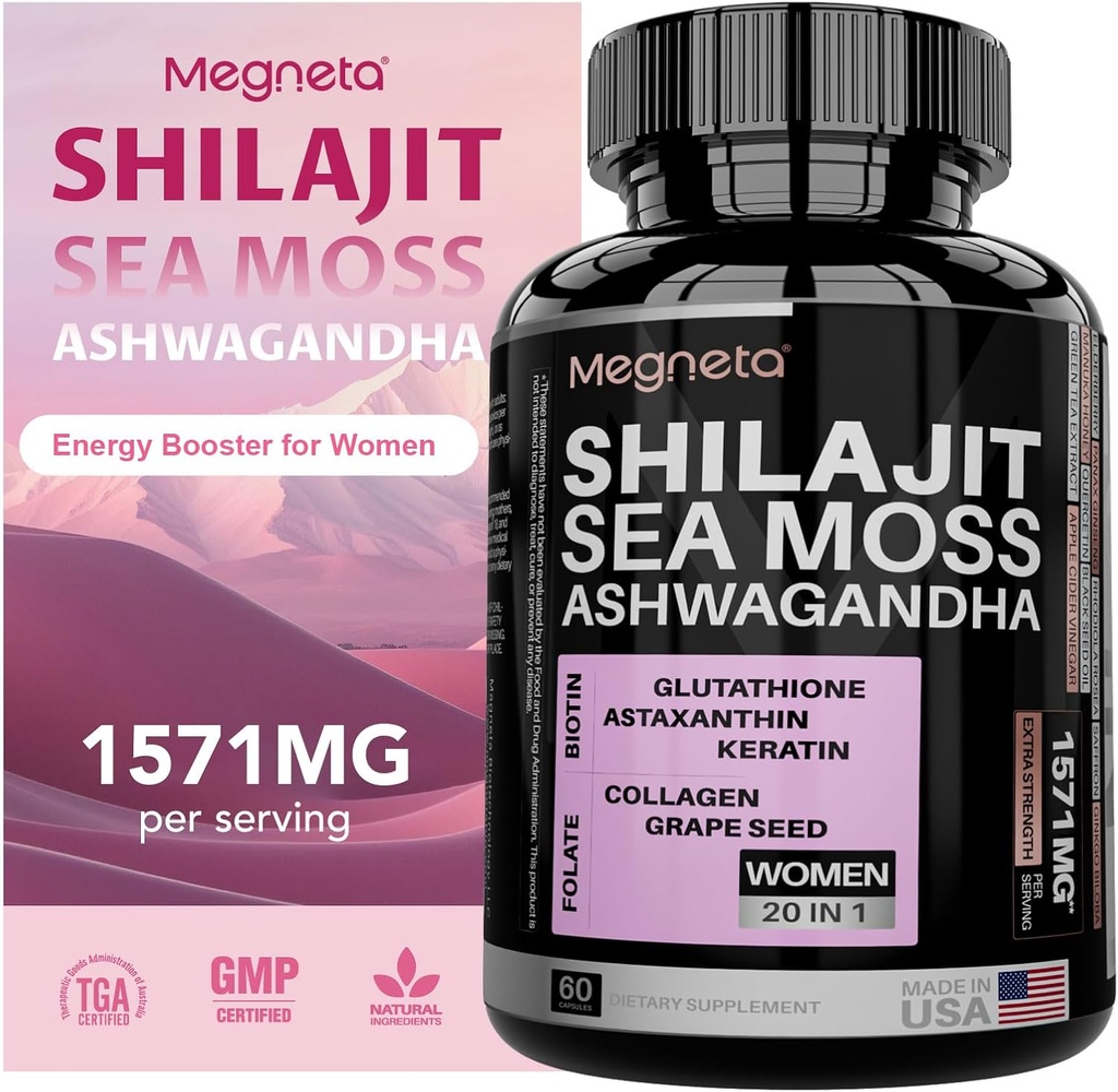 All-in-One Sea Moss, Shilajit, Ashwagandha & Suplemento Glutationa para Mulheres, Impulsiona Energia, 60 Cápsulas