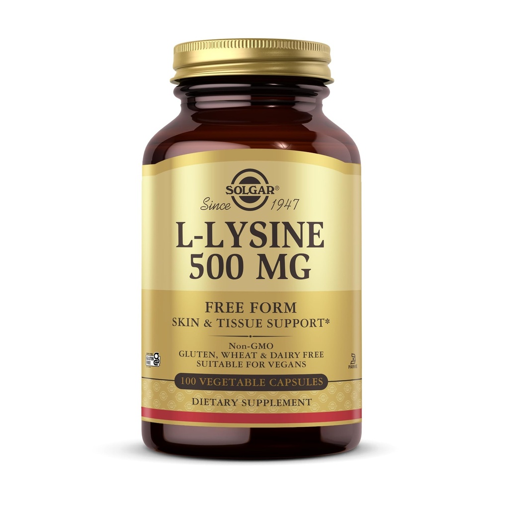 Solgar L-Lysine 500 mg - 100 Cápsulas vegetais - Suporte de pele e tecido - Não-GMO, Vegan, Kosher, Gluten Free - 100 Servings