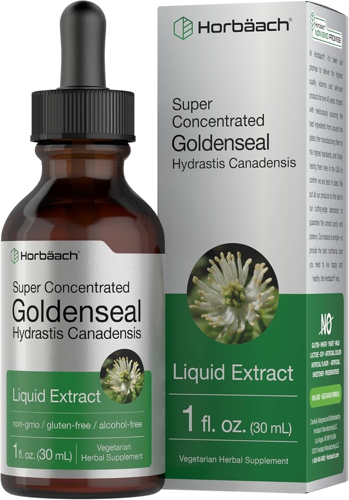 Horbäach Goldenseal Root Tintura 1 Fl Oz Extrato Líquido Suplemento Hydrastis Canadensis Ervas Drops Livre de Álcool, Vegetariano, Não-GMO e Gluten Free