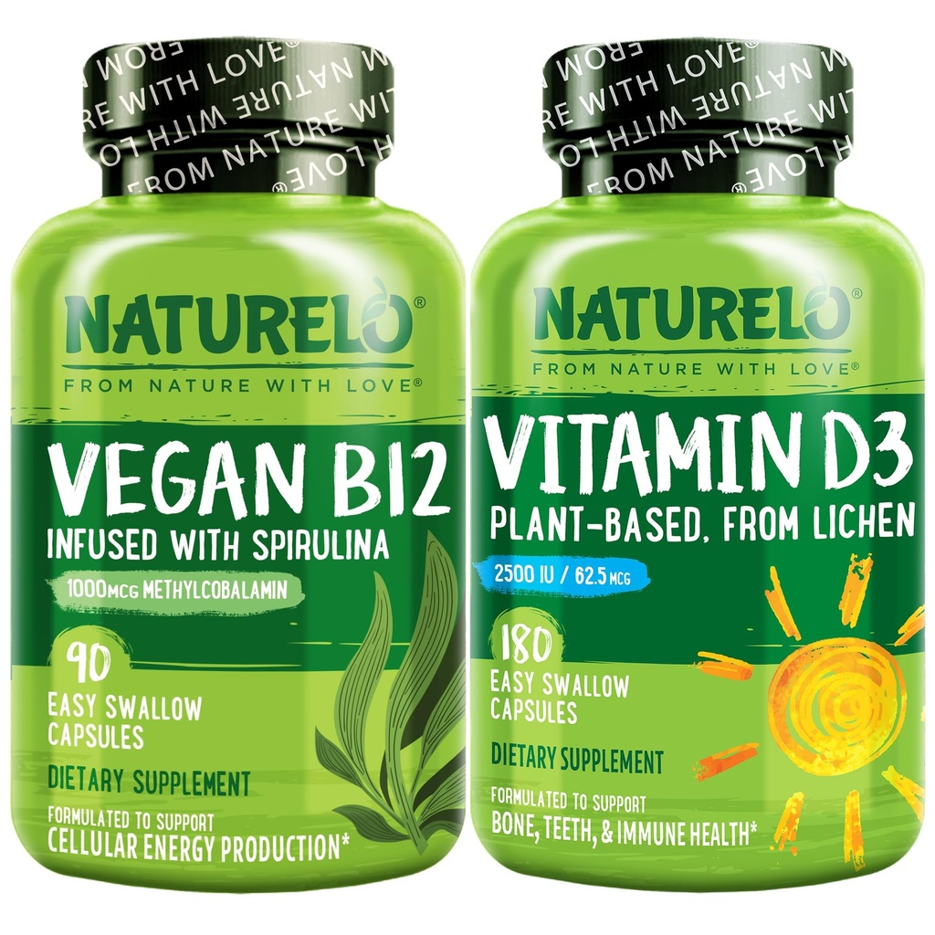 NATURELO Vitamina D - Planta com base em Lichen - 180 Mini Cápsulas, Vegan B12, 1000 mcg Metilcobalamina - 90 Cápsulas