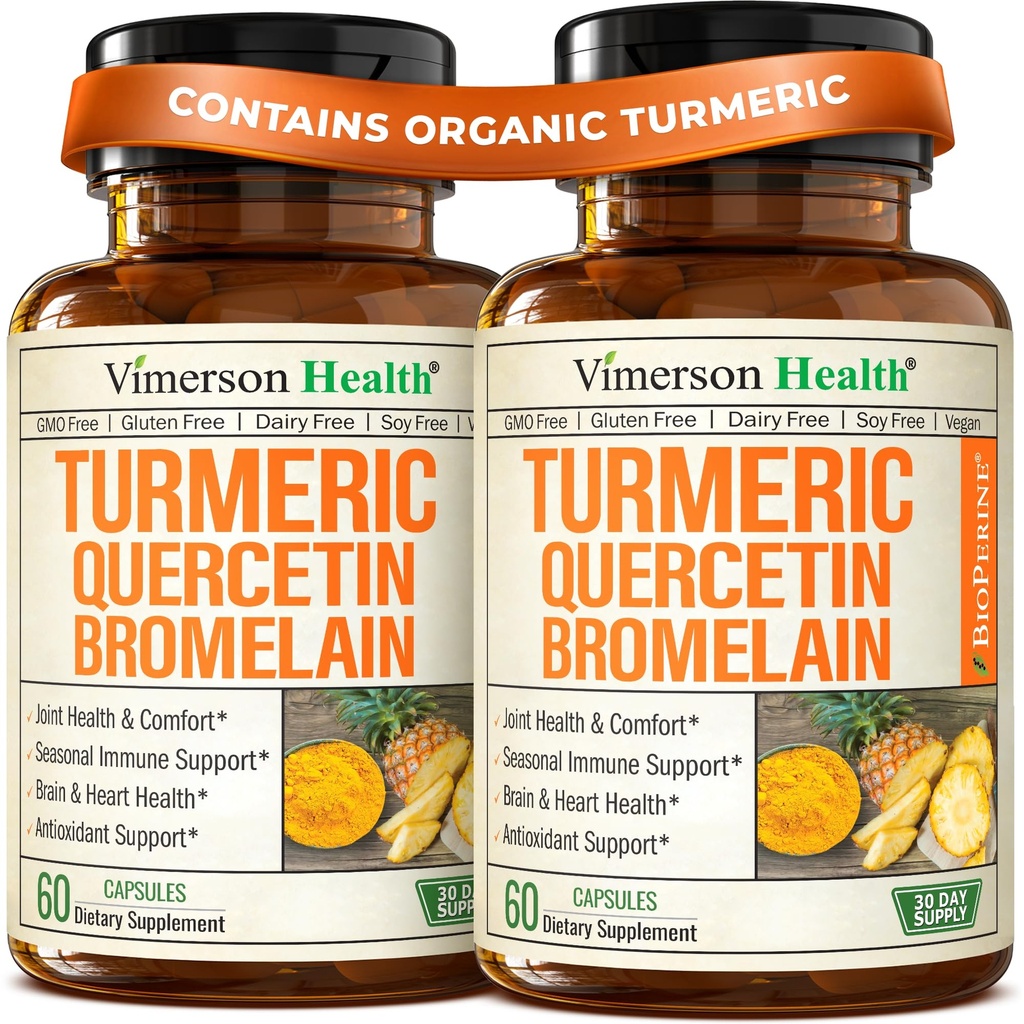 Quercetin com Bromelain Turmeric Curcumin Supplement – Alergia Alívio, Suporte Conjunto e Imune – Suplemento Orgânico Turmeric com Pimenta Preta (Bioperine) – Quercetin 500mg Cápsulas 2 Pack