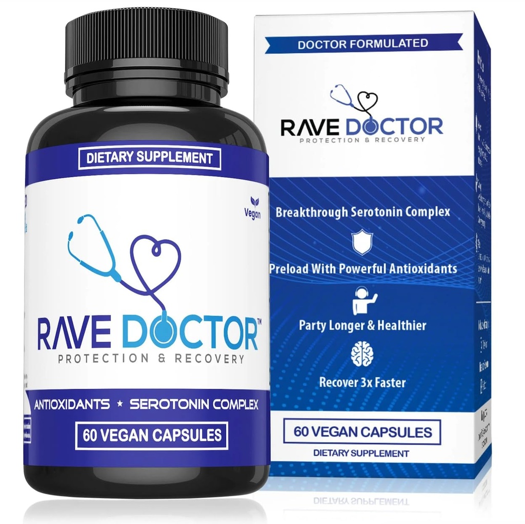 Rave Doctor 5 HTP Suplemento - Vitaminas Rave Essential para Festa Goers, Acessórios Rave, Essenciais Festival, Engrenagens Festival, Essenciais Rave, 5htp Suplemento