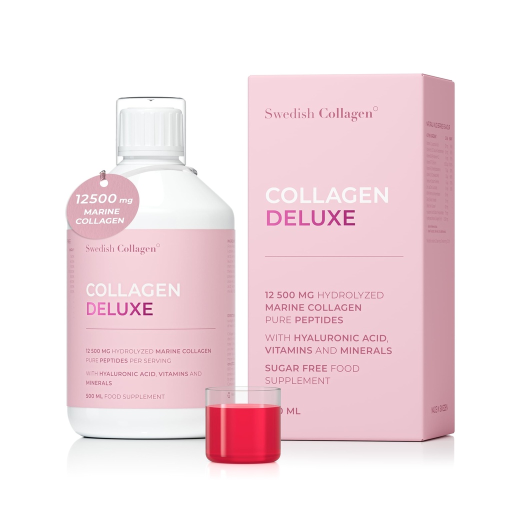Sueco Colágeno Deluxe 12,500 mg Colágeno Líquido de Colágeno Marinho Hidrolisado - 500 ml, 20 Dia Abastecimento, Ácido Hialurônico, Biotina e Vitamina C para apoiar Cabelo Saudável, Pele, Unhas