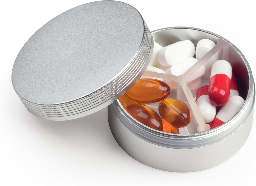 Pequeno caso de comprimidos 3 Compartimentos, Caixa de comprimidos portátil redonda de metal, Organizador de pílulas de viagem impermeável, Pocket Purse Medicine Vitamina Holder EDC Container (Prata)