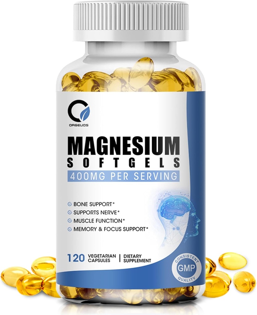 Cápsulas de Glicenato de Magnésio, Glicenato de Magnésio de Alta Absorção 400mg com vitamina B6 & D3 Suplementos Complexos de Magnésio Softgels para músculo, osso e energia Suporte Não-GMO 120 Vegan Count