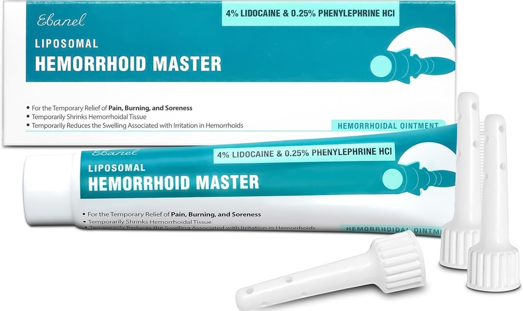 Ebanel 4% Lidocaína Tratamento de hemorroidas Pomada com fenilefrina, Hidrocortisona, Vitaminas B6, D3, E, Óxido de zinco, Hemorroidas externas e internas Tratamento Queimar Itch dor alívio creme anal