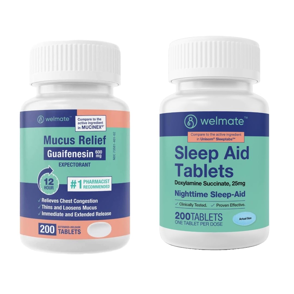 WELMATE Pacote de bem-estar noturno: Mucus Relief Guaifenesin 600mg Relief Mucus (200 Ct) & Doxylamina Succinate 25mg Sleep Aid (200 Ct) .