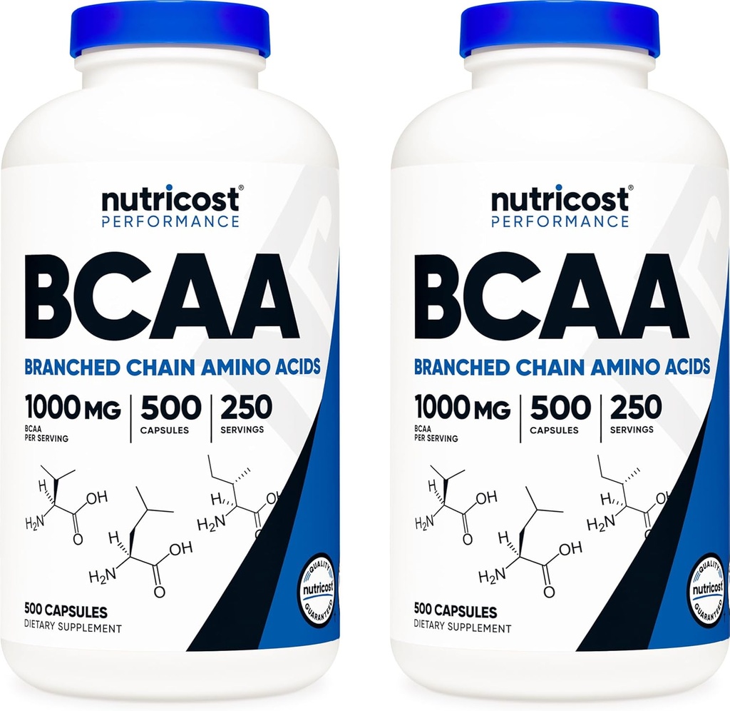 Nutricost BCAA 1000mg, 500 Cápsulas (250 Serv), 2:1:1 Ácidos Aminoácidos de cadeia ramificada (500 mg de L-Leucina, 250 mg de L- Isoleucina e L-Valina) (2 frascos)