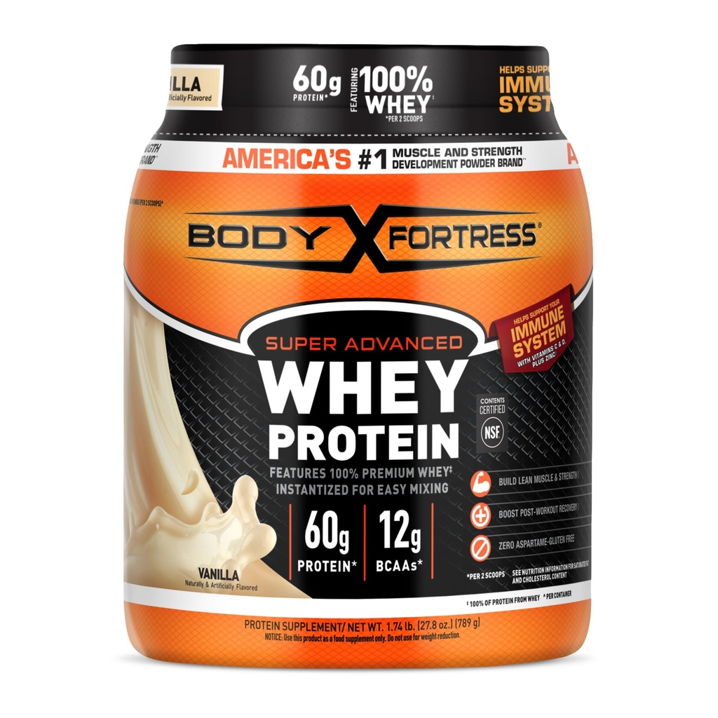 Corpo Fortaleza Super avançado Whey Protein Pó, Baunilha, Suporte Imune (1), Vitaminas C & D Plus Zinco, 1,74 lbs
