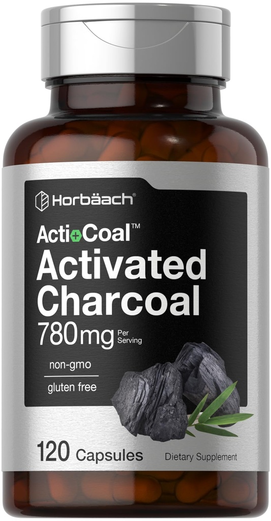 Horbäach Charcoal Pills 780mg 120 Cápsulas Ativado Charcoal de Shells Coconut Não-GMO e Gluten Free □ Acti-Coal