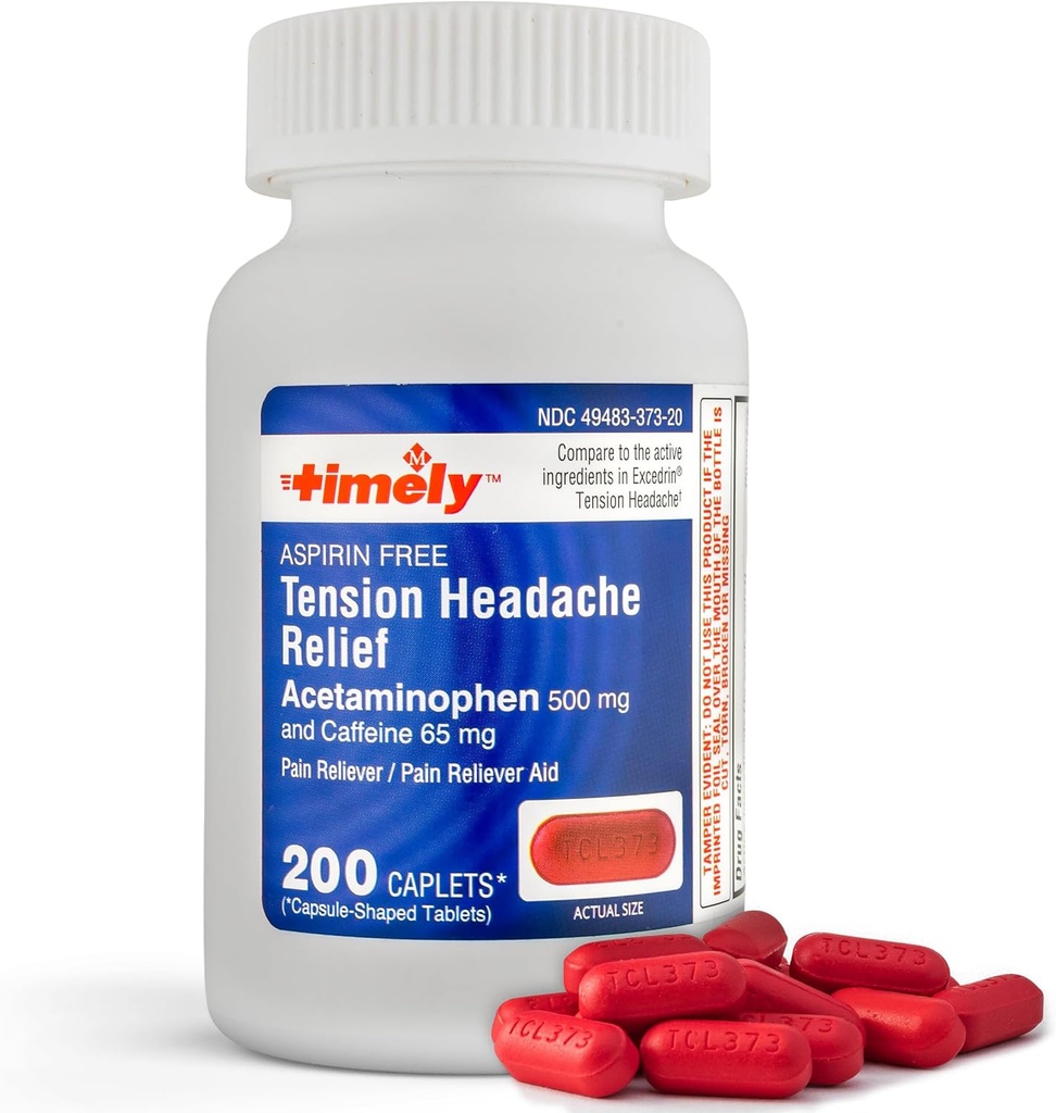 Timely - 200 Caplets - Tensão Cefaleia e Reliever Dor com 500 mg de acetaminofeno e 65 mg de cafeína Força extra para cabeça, pescoço, ombro e corpo Reliever dor, Aspirina Livre - Made in USA