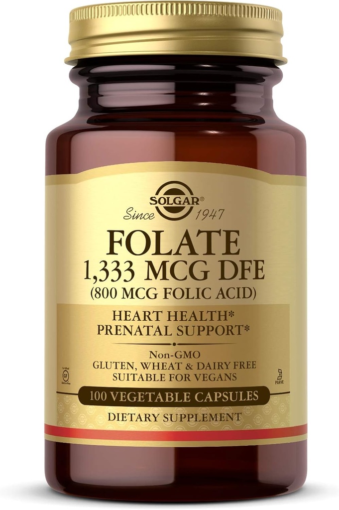 Solgar Folato 1,333 mcg Folato dietético Equivalente (800 mcg Ácido Fólico), 100 Cápsulas Vegetais - Saúde do Coração, Sistema Nervoso Saudável, Suporte Pré-natal - Não-GMO, Vegan, Gluten Free - 100 Servings