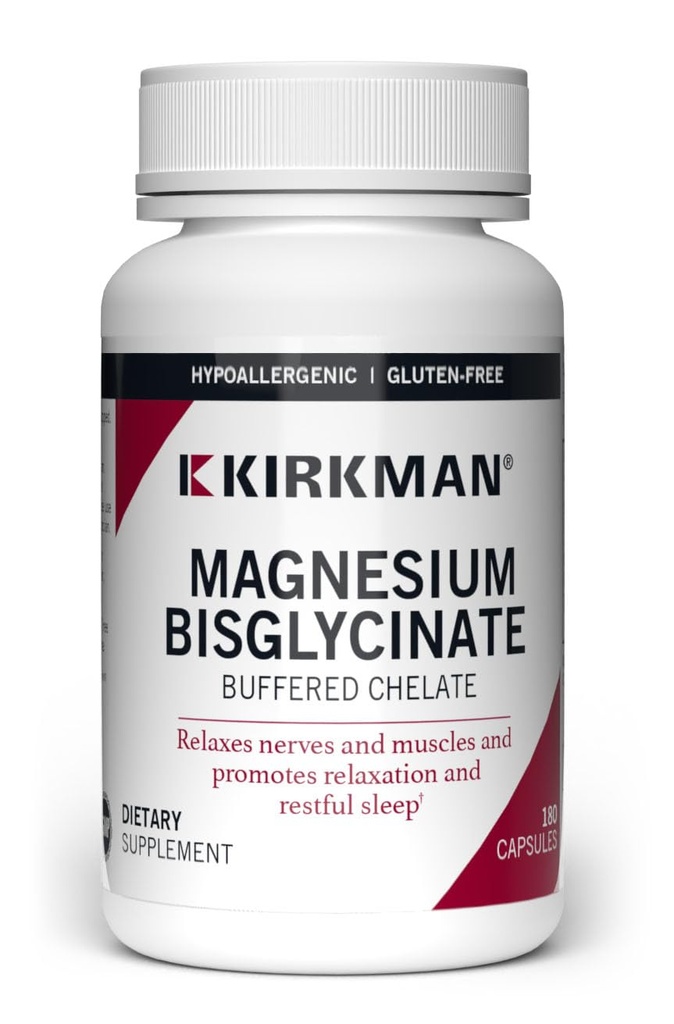 Kirkman - Magnésio Bisglicinato Buffered Quelato - 180 Cápsulas - Relaxa nervos & músculos - Promove sono tranquilo - hipoalergênico