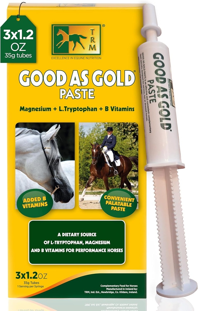 TRM Bom como ouro Equine calmante Suplemento Colar para Relaxamento e Foco □ Triptofano, Magnésio, B Vitaminas - 3 Qty x 1,23 oz (3 Qty x 35g) - 3 Qty x 1,23 oz