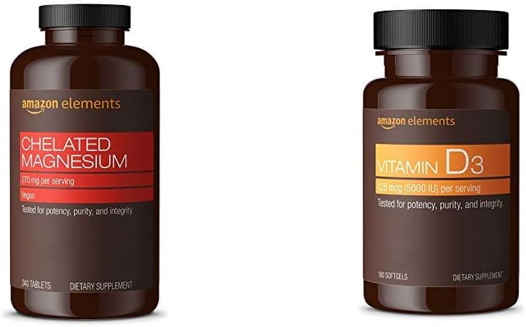 Elementos glicinato de magnésio quelado (240 comprimidos) e vitamina D3 (180 softgels)