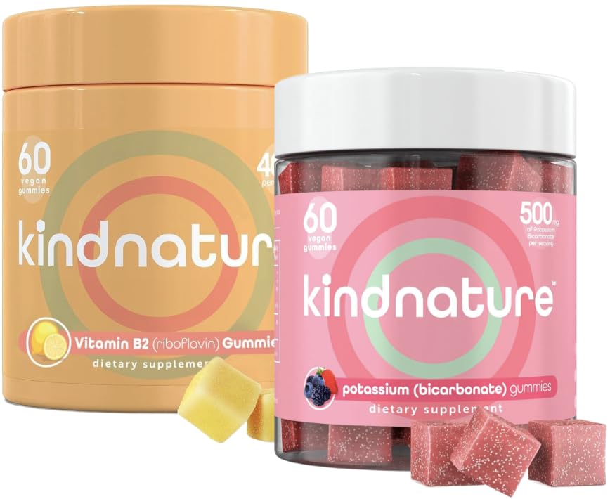 kindnature Vitamina B2 Riboflavina 400mg e pastilhas de potássio para adultos e crianças - Suplemento de potássio 500mg & Riboflavina 400mg chicletes mastigáveis