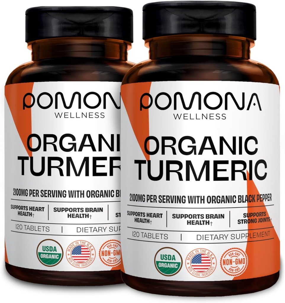 Pomona Wellness Orgânico Suplemento Açafrão 2100 mg, USDA Orgânico, Não-GMO, Vegan, Curcumina Açafrão com pimenta preta para absorção, para apoio conjunto e imunidade, 240 comprimidos (2 pacote)