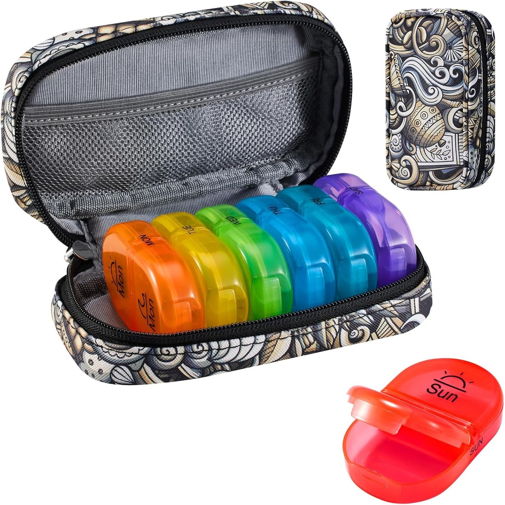 Serfeymi Organizador de pílulas de viagem semanal 2 vezes um dia AM PM atualizado Rainbow Pill Box 7 dia com Zipper portátil PU Caixa de pílulas de couro, Medicina Organizador de pílulas, vitaminas, óleo de peixe - Brown 03