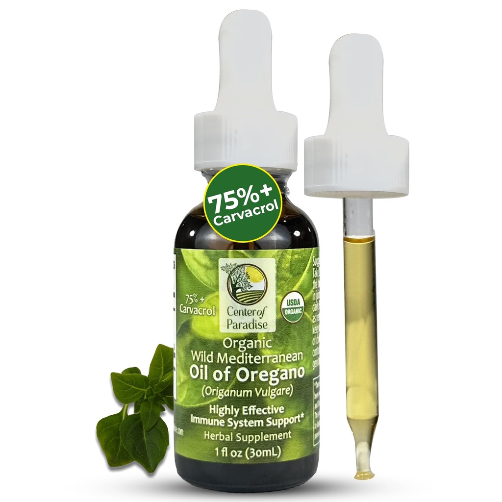 Centro de Paradise Wild Mediterranean Oil of Orégano com 75%+ Carvacrol (1 fl oz) Certified Oregano Oil Organic Drops in Extra Virgin Olive Ail for Imune* & Respiratory* Support, Aprox 450 Servings