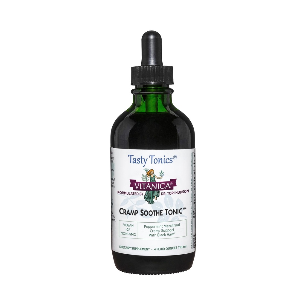Vitanica Cramp Soothe Tonic, Dr Formulado Suporte Menstrual Cramp, com Black Haw Bark, Valerian Root, Ginger Root, e Garrya Herb, Alcohol Free, Vegan, 4 Ounce