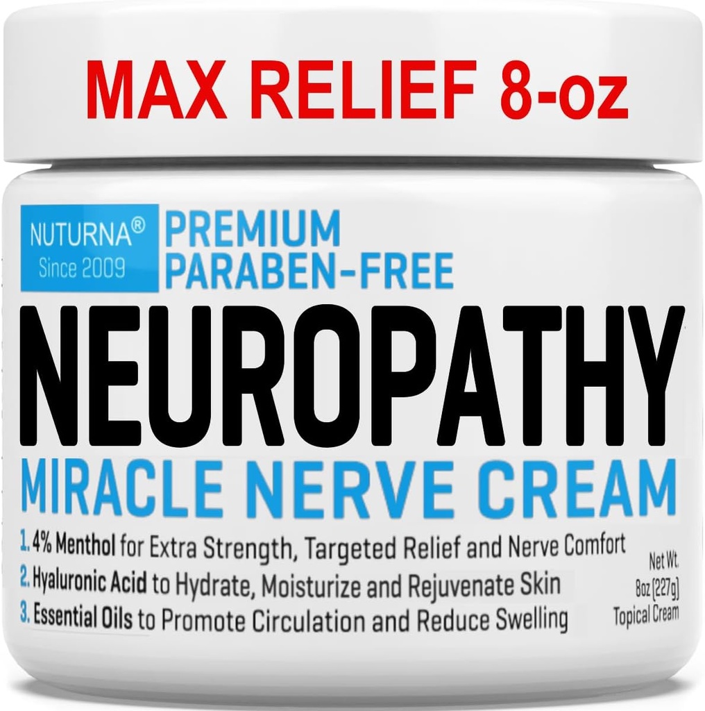 Neuropatia Nerve Relief Cream - Premium Nerve Cream 3X Ação para alívio alvo e calmante Nerve Comfort - Força máxima com 4% de mentol, HSH para pés Pernas Pernas dedos e costas - Super Grande 8 Oz
