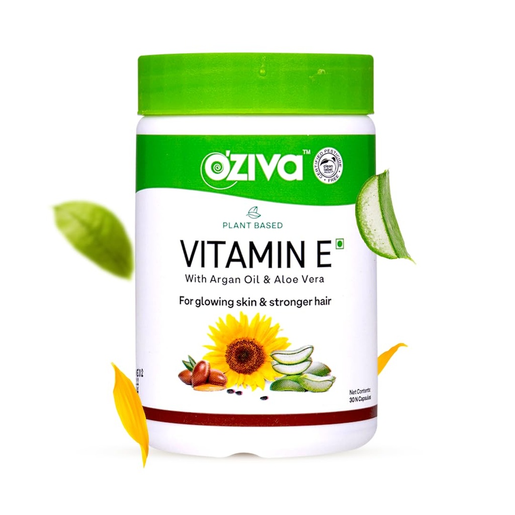 OZiva planta baseada 100% Vitamina natural E + Aloe Vera + Óleo de Argan para a pele brilhante e cabelo mais forte, 30 Veg Cápsulas, Não OGM