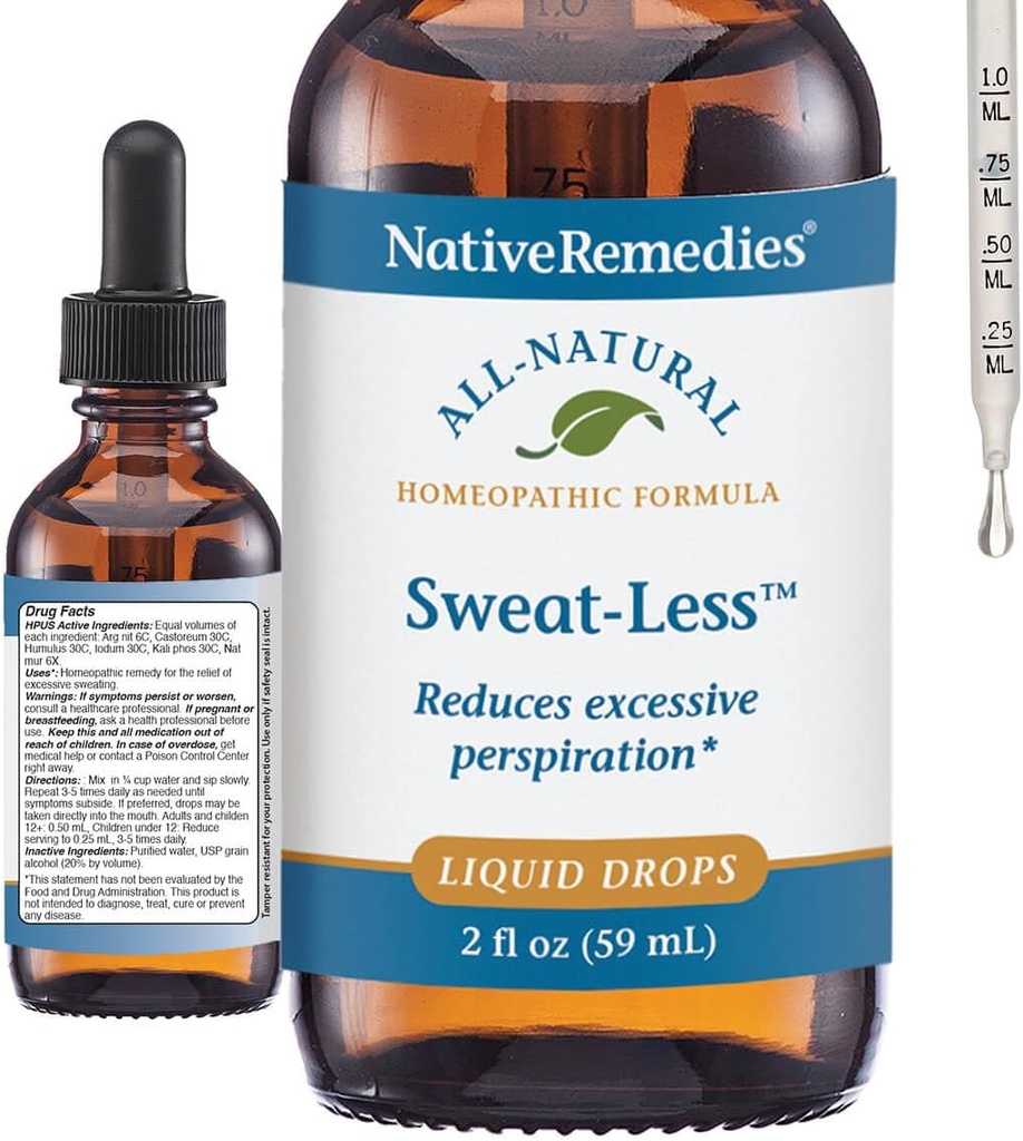 Remédios nativos Suor-Less - Fórmula homeopática natural para excesso de suor, transpiração e clamidade - 59 mL