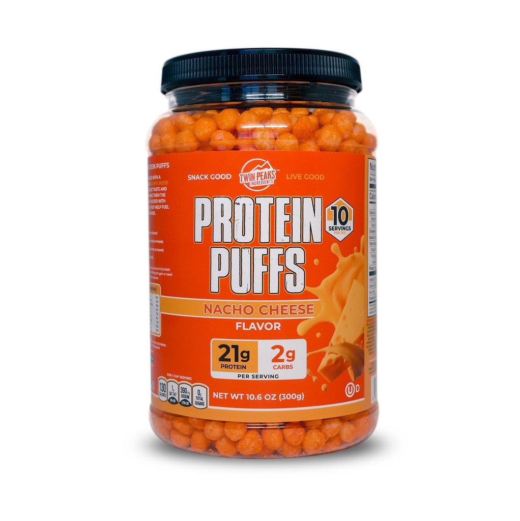 Picos Twin Peaks Protein Puffs - (Nacho Cheese), Keto Friendly, Lanche baixo de carboidratos (300g, 21g de proteína, 2g de carboidratos líquidos, alta proteína, Lanche saudável crocante)