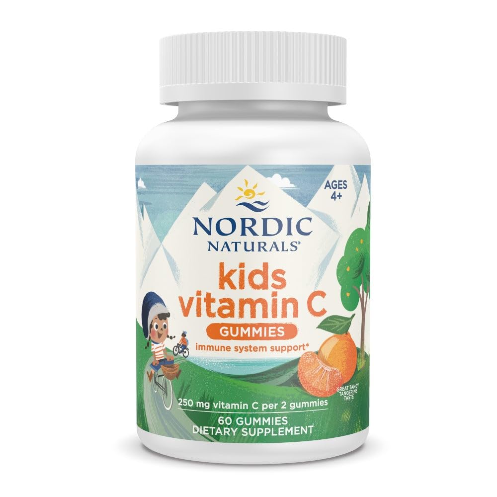 Naturals nórdicos Kids Vitamina C Gummies - Tangy Tangerina - 60 Gummies - Vegan Suplemento Vitamina C - Imunidade infantil e Apoio Antioxidante - 250 mg por serviço - 30 Servings