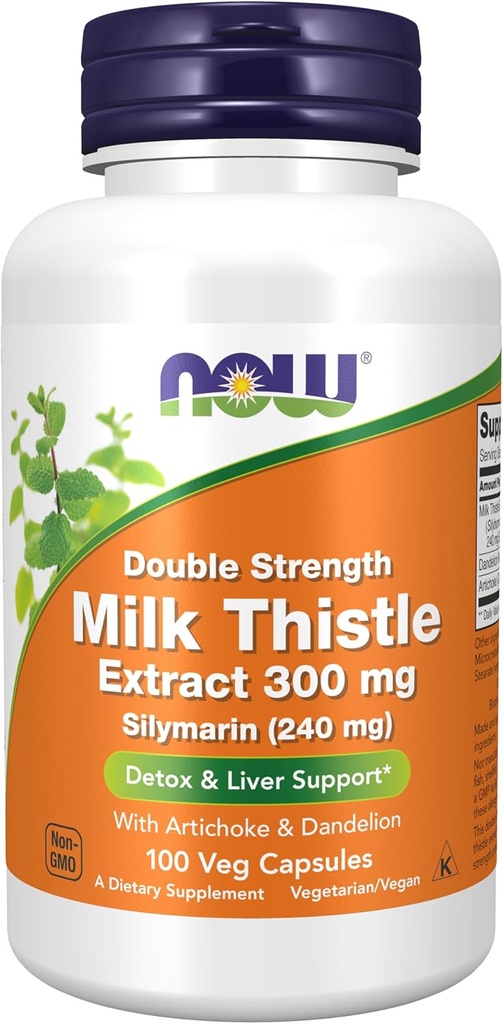 NOW Foods Supplements, Silymarin Milk Thistle Extract 300 mg com alcachofra e dente-de-leão, dupla força, suporta a função do fígado*, 100 Veg Cápsulas