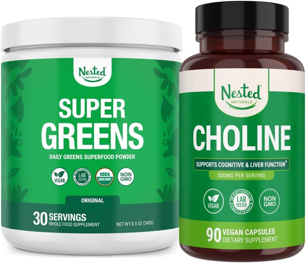 Aninhado Naturals Super Verdes & Colina Bundle □ Pó de Superalimento com Probióticos & Fibra & Colina Bitartrato para Função Cognitiva & Energia Limpa