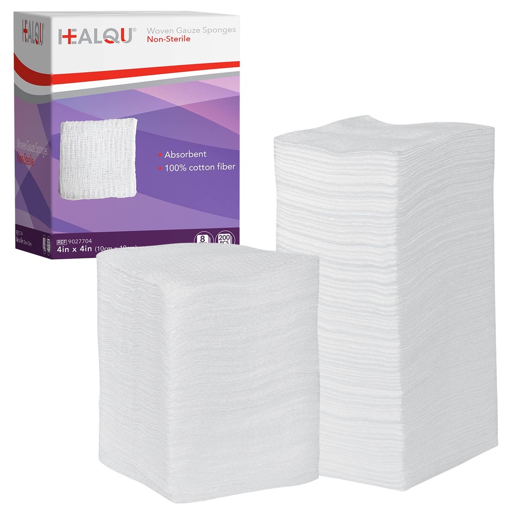 PADRAS HEALQUU 4x4 Gauze - 12 Ply Tecido Pack de 200 - Ultra Absorvente Soft Não Estéril Esponjas Cirúrgicas para Vestir Feridas, Desbridamento, Limpeza e Preparação