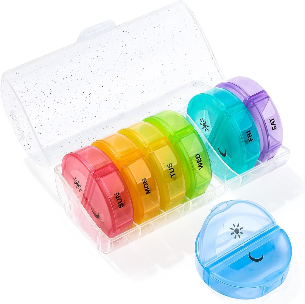 Sukuos grande organizador semanal de pílulas 2 vezes por dia, caixa diária de pílulas 7 dias fácil de abrir com proteção dupla, caso de pílula AM PM para medicina / Vitamina / óleo de peixe / suplementos (Glitter Clear)