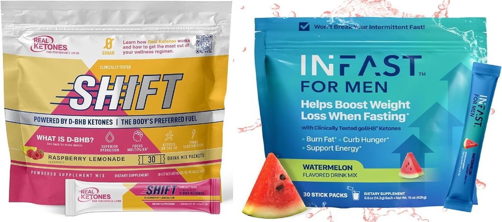 Reais Quetones Intermitent Fasting Drink Mix Bundle para perda de peso Suporte Raspberry Lemon Shift Eletrólitos & Intermitent Fasting Electrolytes para homens com BHB exógenos cetonas (30 contar cada)