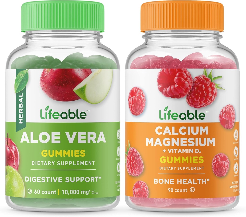 Vidal Aloe Vera + Magnésio de cálcio, Gummies Bundle - Grande degustação, Suplemento Vitamina, Sem glúten, GMO Livre, Mastigável