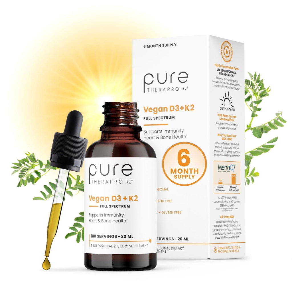 Puro Therapro Rx Vegan D3 + K2 Orgânico 100% lipossômico 20ml Made in USA □ 6 Mês de Abassorção Máxima Vitamina D3 e Vitamina K2 Suplementos para homens e mulheres, D3 Vitamina 5000 UI
