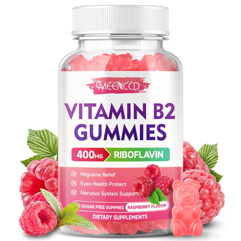 Vitamina B2 Gummies Riboflavin 400mg Suplemento com magnésio para crianças e adultos, B2 Gummies para alívio de enxaqueca e suporte do sistema nervoso, Vegan, Sem açúcar, Framboesa sabor, 60 Contagem