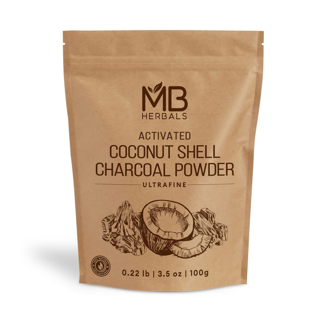 MB Herbals Ativado carvão em pó de coco Shell 3,5 oz (100 Gram) para uso externo apenas □ Para embalagens e máscaras de rosto de dente Powder