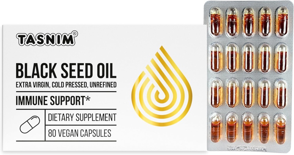 Tasnim Black Seed Oil Organic Cold Pressed Cápsulas 100% Pure Cold Pressed Black Cumin Seed Oil Nigella Sativa para suporte imunológico, conforto conjunto e vitalidade